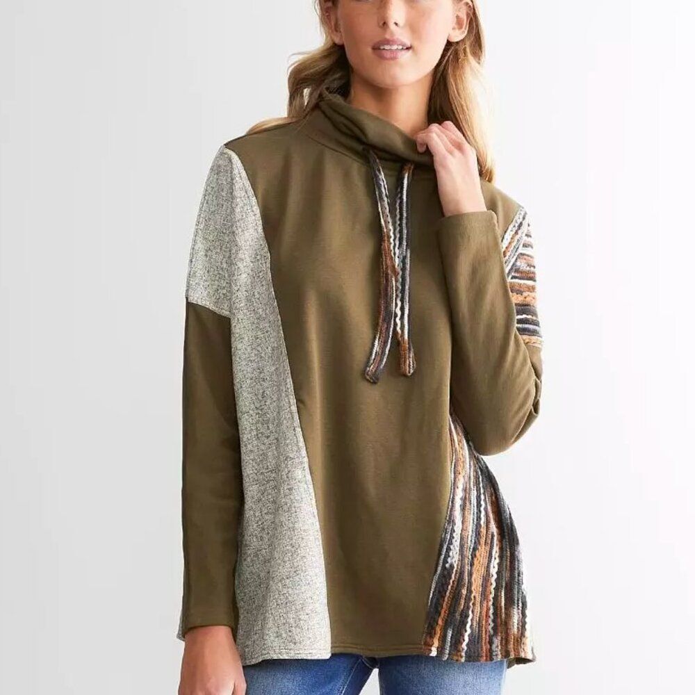 Women BKE Cowl Neck Pieced Turtleneck Pullover Relaxed Fit in Olive Size Small